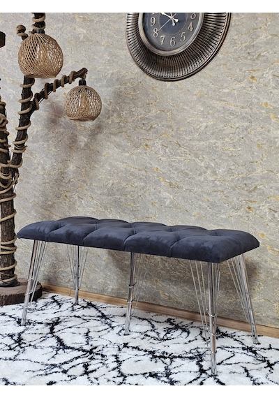 Zafir Metal Krom Tel Ayaklı 100 Cm Puf Bench - Puf - Bench - Oturak - Mutfak Oturağı - Antre Oturağı Füme