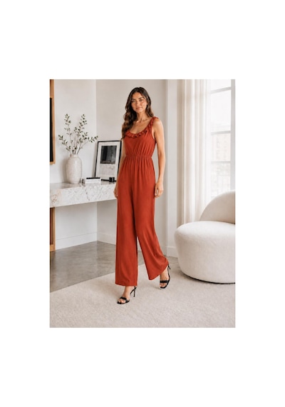 Unika Boutique Kadın Bürümcük Askılı Fırfırlı Bol Paça Tulum Kiremit