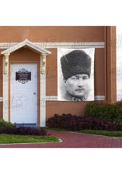 Kalpaklı Gazi Mustafa Kemal Atatürk - Siyah Beyaz Portre - Poster Bayrak 100x150 Cm 1