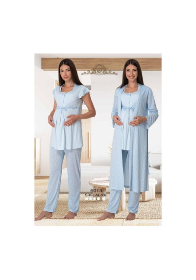 Ct Moda Effort Kadın Mavi Desenli Düğmeli Sabahlıklı 3'lü Set Lohusa Hamile Pijama Takımı Mavi