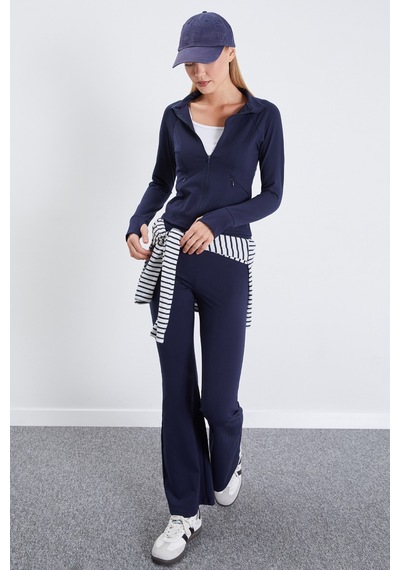 Fullamoda Parmak Geçirmeli Dalgıç Kumaş Slim Fit Ceket Lacivert