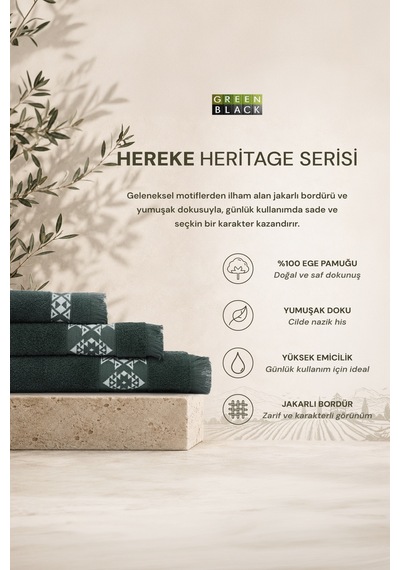 Hereke Heritage Serisi 3 Lü Havlu Seti Krem Bordürlü Yeşil, %100 Ege Pamuğu, Jakarlı Dokuma, 3 Parça Havlu Seti