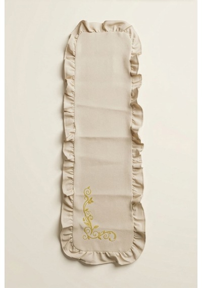 Nakış Detaylı Fırfırlı Masa Runner 40x120 Cm Şık Dekoratif Masa Ve Konsol Örtüsü Bej