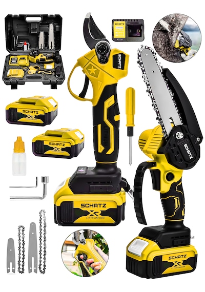 Schatz 18v Çift Akülü Çelik Şanzıman 35mm Dal Budama Makası & 15cm Budama Testeresi 2 Li Set Sarı