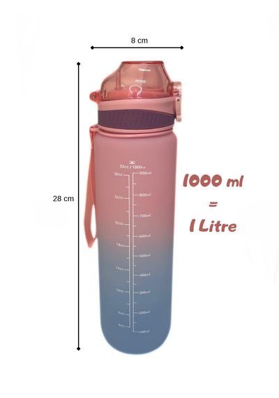 1000 Ml Plastik Motivasyon Matarası Pipetli, Kilitli Ve Taşıma Kulplu Açık Pembe - Mavi