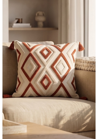 Bohem Etnik Geometrik Desenli Kabartmalı Punch Nakışlı Püsküllü Kırlent Kılıfı 42x42 Cm Kiremit