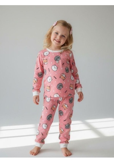 Kız Çocuk Kedi Baskılı Pamuklu Pijama Takımı-16832 Renkli