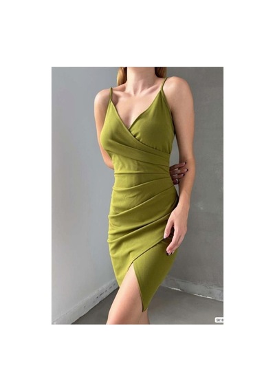Lior Design Kadın Yeni Sezon V Yaka Yırtmaçlı Mini Askılı Abiye Elbise Yeşil