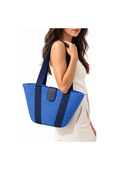 Levano Leather Kadın Hasır Tote Omuz Çantası Deri Detaylı Geniş İç Hacimli Günlük Yazlık Çanta 38x28 Cm Mavi