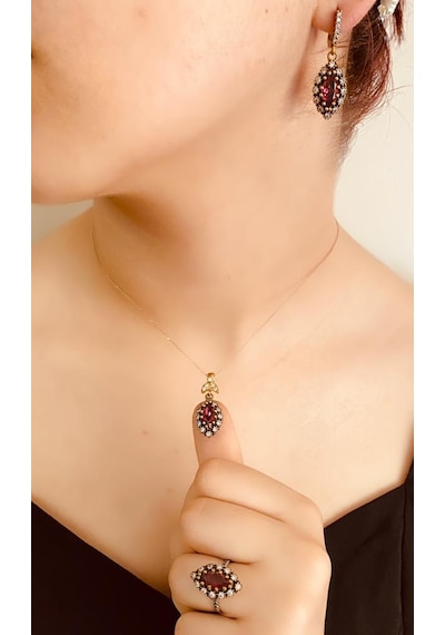 Kırmızı Safir Taşlı 925 Ayar Gümüş Üçlü Otantik Set Takı