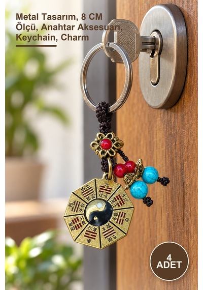 4 Adet Metal Yin Yang Anahtarlık Metal Tasarım, 8 Cm Ölçü, Anahtar Aksesuarı, Keychain, Charm