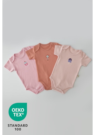 Luppinos Candy 3lü %100 Pamuk Nakışlı Bebek Body Set Açık Pembe - Krem