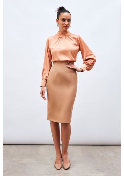 Sateen Düz Kalem Etek - Camel