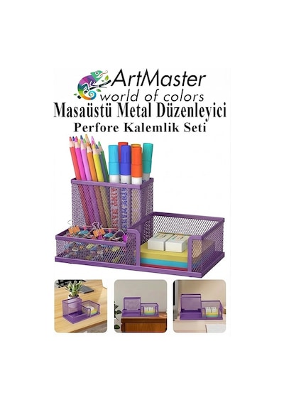 Mor Masaüstü Metal Kalemlik Seti 3 Lü Kombo 1 Paket Fileli Perfore Renkli Kalemlik Kağıtlık Küpnotluk Düzenleyici Mor