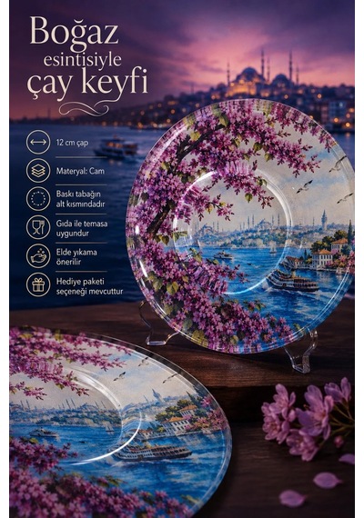 6 Lı Cam Çay Tabağı İstanbul Boğazı Ve Erguvan Çiçekli 12 Cm 6 Adet Çay Tabak Pembe