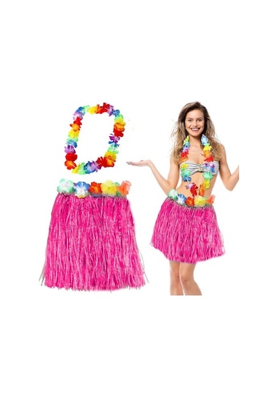 Hawaii Luau Aloha Pembe Püsküllü 40 Cm Etek Ve Hawaii Kolye Seti Diğer