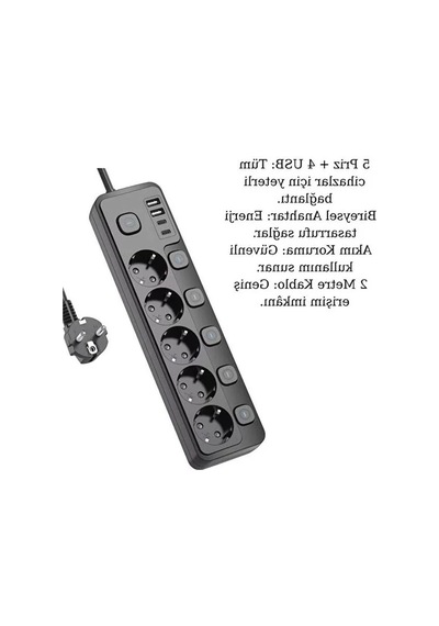 Anahtarlı Uzatma Kablosu, 5 Priz + 4 Usb İle Enerji Tasarruflu 0