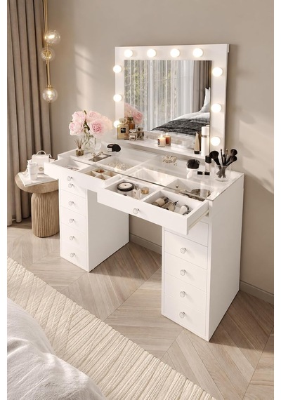 Tr Df02115b Led Işıklı Aynalı Makyaj Masası Tabureli, Bölmeli 12 Çekmeceli Organizer Kozmetik Masası Diğer Tr Df02115b Led Işıklı Aynalı Makyaj Masası Tabureli, Bölmeli 12 Çekmeceli Organizer Kozmetik Masası Diğer