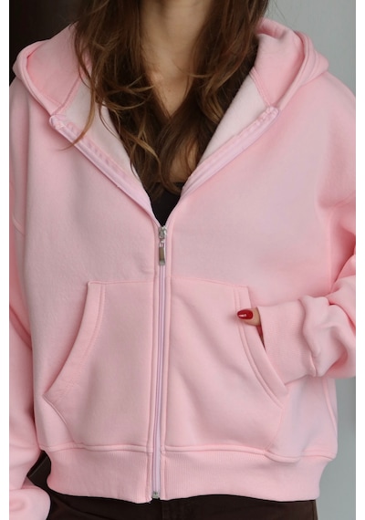 Balenbi Kadın 3 İplik İçi Polarlı Kapüşonlu Oversize Sweat Hırka 1110 Pembe
