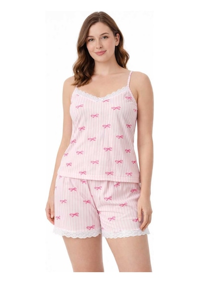 Tenra Kadın Pembe Çizgili Fiyonk Desenli İp Askılı Şortlu Pijama Takımı Dantel Detaylı