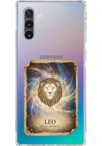Samsung Galaxy Note 10 İle Uyumlu Burç Kartları Aslan Tasarımlı Şeffaf Silikon Kılıf Şeffaf