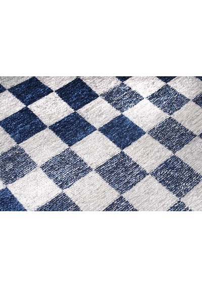 Mavi Beyaz Modern Geometrik Dama Desenli Yıkanabilir Halı - Yo30035xf Mavi - Beyaz