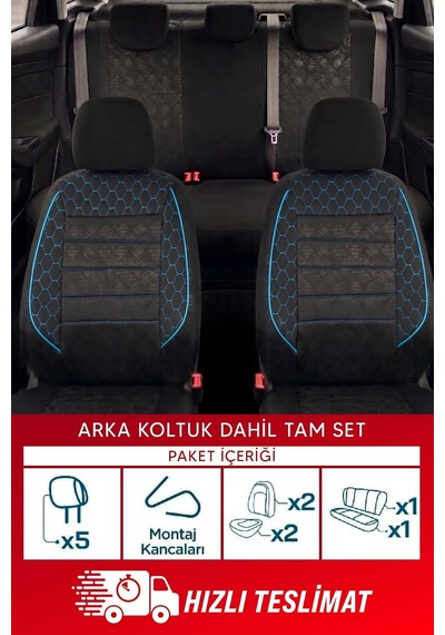 Gof Serisi Universal Oto Koltuk Kılıfı Tam Set Siyah Mavi Şeritli