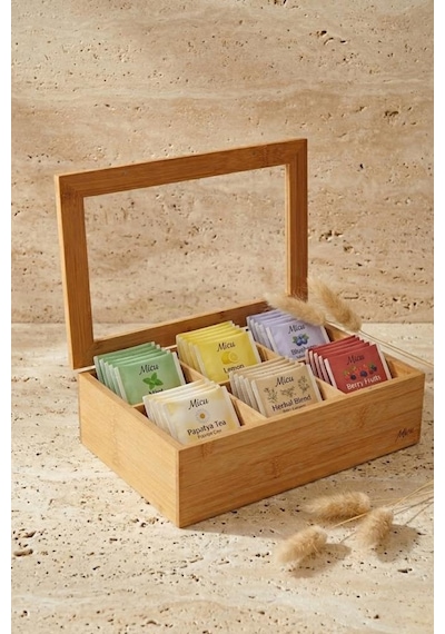 Atbyhome Bambu 6 Bölmeli Cam Kapaklı Çay Kutusu - Poşet Çay Düzenleyici Organizer Ahşap