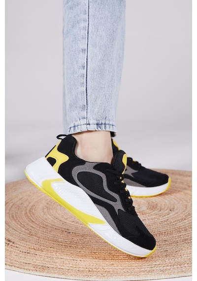 Tonny Black Rahat Kalıp Yüksek Taban Bağcıklı Unisex Siyah Sarı Spor Ayakkabı V2901-0 Siyah Sarı