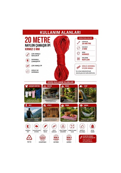 20 Metre Kırmızı Naylon İp 3 Mm, Çok Amaçlı Dayanıklı Çamaşır İpi, Kamp Bahçe Balkon Hamak Ve Taşıma Sab Çok Renkli