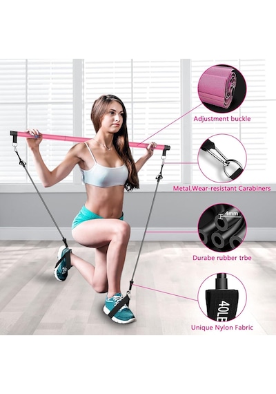 Valkyrie 4 Lastikli 1. Kalite Pilates Bar Egzersiz Çubuğu Ayarlanabilir Zorluk Evde Spor Squat Kademeli Çantalı Kolay Kurulum Pembe