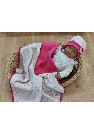 Şapka & Ayakkabılı Kapitone Bebek Battaniyesi - Pembe Puset & Bebek Arabası Örtüsü - %100 Pamuklu Fuşya