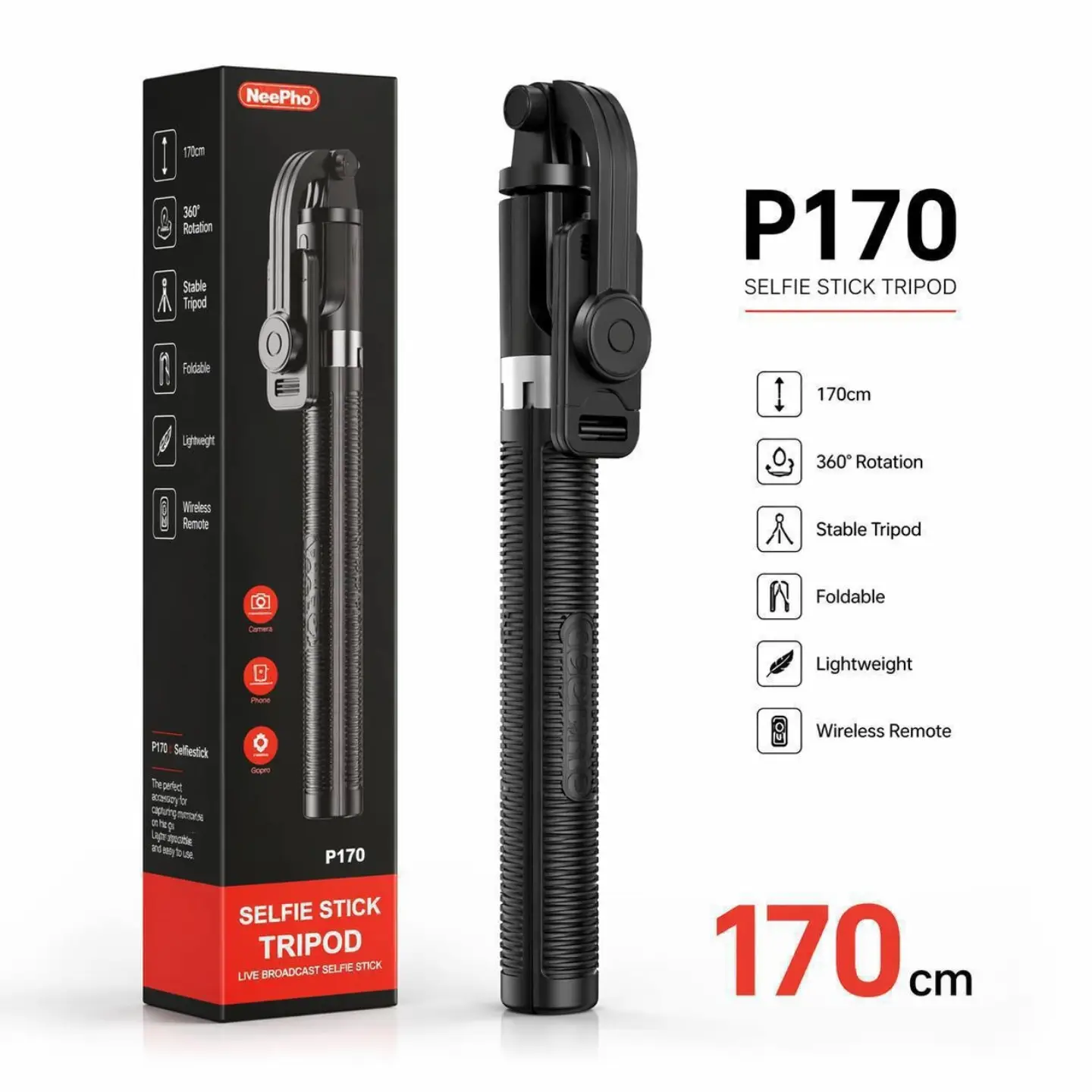 Neepho P170 Tripod Led Işıklı Selfie Çubuğu, Uzatılabilir, Bluetooth Çok Fonksiyonlu Uzaktan Kumandalı