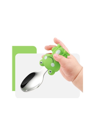 Kurbağa Figürlü Premium Çocuk Bpa Free Silikon Sap Paslanmaz Çelik Uçlu Çatal-kaşık Set 9+ Ay