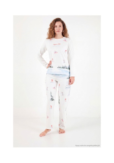 Lela Kış Temalı Bisiklet Yaka Uzun Kollu Pijama Takımı Kadın Pijama Takımı 6575019 Krem