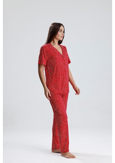 Kompedan Kadın Puantiye Desen Önden Düğmeli Pijama Takım Kırmızı P. Kırmızı