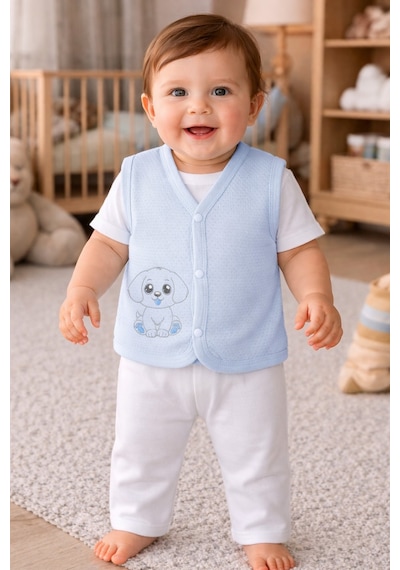 Baby Shez %100 Organik Pamuklu Yenidoğan Kız Erkek Bebek Yelek Mevsimlik 3-6 6-9 9-12 Ay Mavi