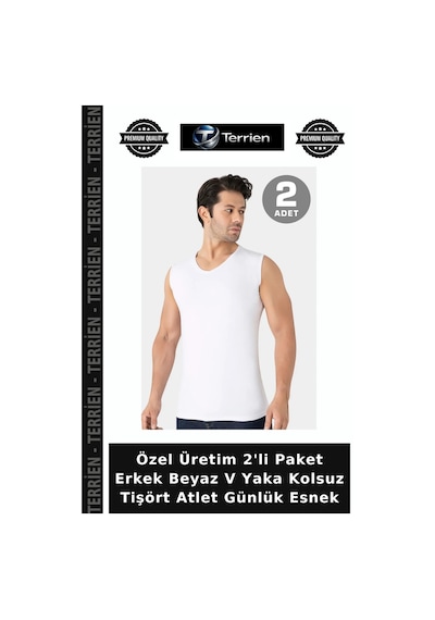 Terrien Özel Üretim 2'li Paket Erkek Beyaz V Yaka Kolsuz Tişört Atlet Günlük Esnek Beyaz 2