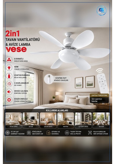 Tavan Vantilatörü 6 Kanatlı Kumandalı 2in1 Avize 40w Aydınlatma S
