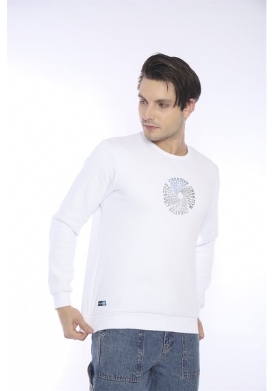Escetic Erkek Spor Slimfit, Bisiklet Yaka Beyaz Sweatshirt-4260