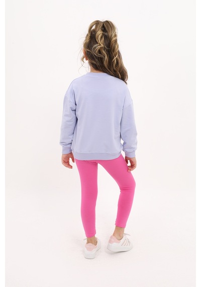 Toontoy Kids Toontoy Kız Çocuk 2'li Takım Baskılı Bisiklet Yaka Düşük Omuz Sweatshirt & Basic Düz Tayt Açık Lila