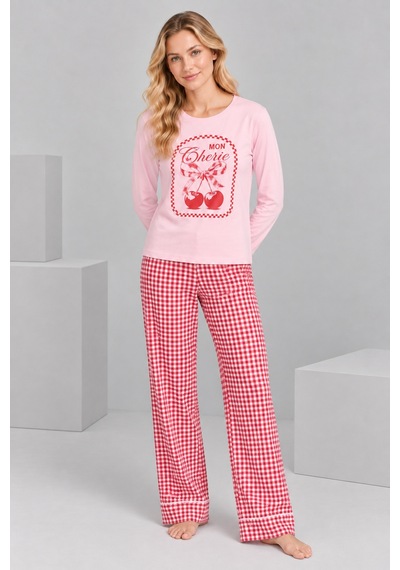 Pijamask Kadın Pembe Kiraz Baskılı Kırmızı Ekose Bol Paça Pamuklu Pijama Takımı Pudra