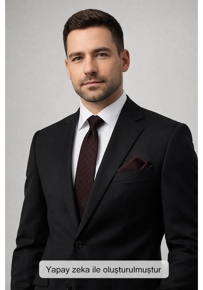 Gaffy Siyah Küp Desenli Bordo Dokuma Kumaş Mendilli Slim Fit Kravat // Sdk-2605-4 Bordo