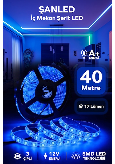 3 Çipli Şerit Mavi Renk 12v 40 Metre