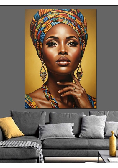 Ahşap Tablo Etnik Desenli Başlıklı Afrikalı Kadın Portresi Sarı Fon