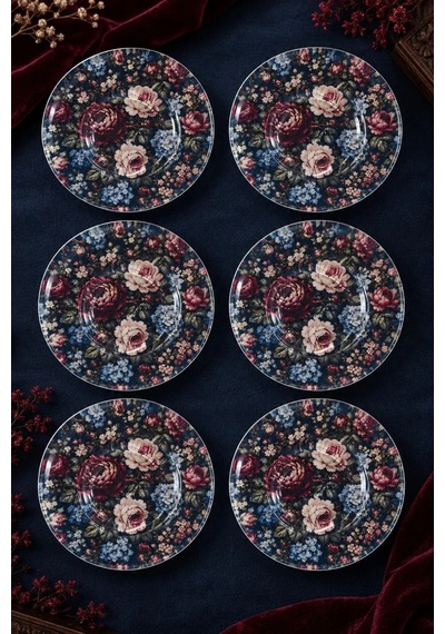 6 Lı Cam Çay Tabağı Lacivert Vintage Gül Desenli 12 Cm, 6 Adet Çay Tabak