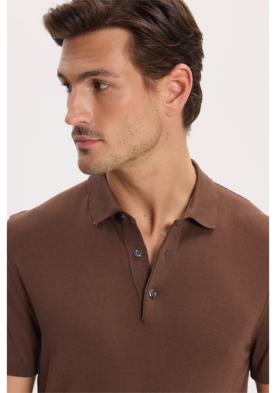 Tudors Erkek Slim Fit Dar Kesim Pamuklu Örme Triko Kahverengi Polo Yaka Tişört-46227