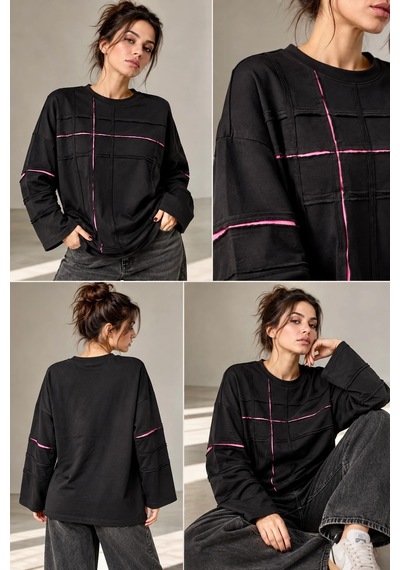 Bb Butik Basic Kontrast Dikiş Detaylı Oversize Uzun Kollu Sweatshirt Fk3535 siyah