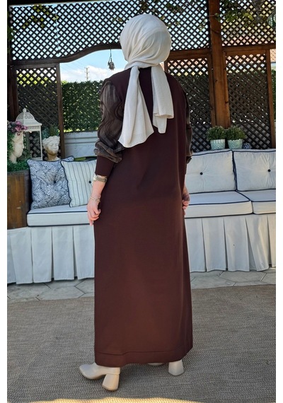 Rabia Şamlı Ebru Cupra Detaylı Triko Elbise Acı Kahve Normal