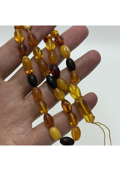 Renk Karması Doğal Kaya Damla Kehribar Tesbih 33lük 11,35x7,4mm 14 Gram